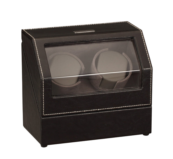 Diplomat Black Leather Double Watch Winder with Stitch Trim