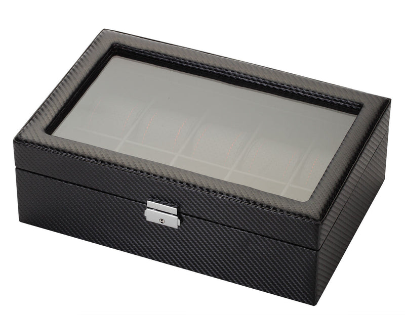 10 Piece Carbon Fiber Watch Box With Red Stitch Trim