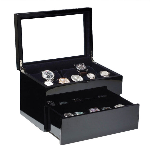 (17) Piano Black Wood Watch Box with Glass Top